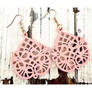 Garden Trellis Teardrop Earrings Sugar Sweet Pink Stained Laser Cut Wood NEW